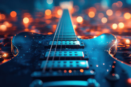 The electric guitar is showcased against a backdrop of vibrant lights during a musical event.の写真素材