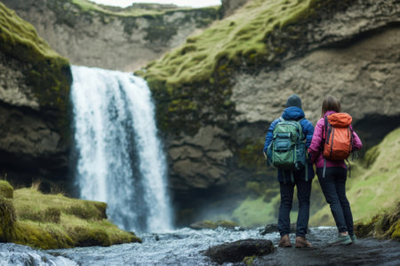 Two hikers stand by a river, captivated by a majestic waterfall cascading in a scenic natural setting.の写真素材