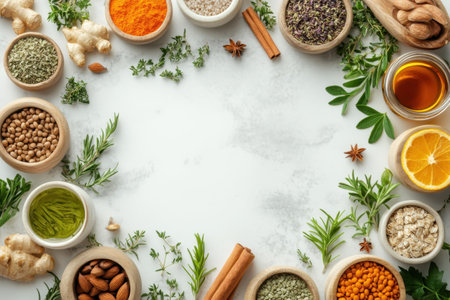 A colorful display of spices, herbs, and nuts surrounding a central space, inviting culinary creativity.の写真素材