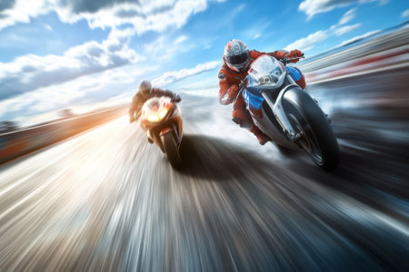 Two motorcyclists race closely on a winding track, kicking up water as they near the finish line under bright skies.の写真素材