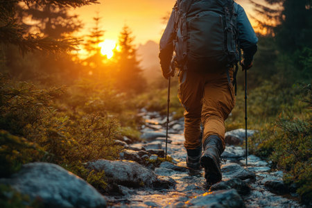 A person hikes along a rocky path, enjoying a vibrant sunset amidst the trees and mountains.の写真素材