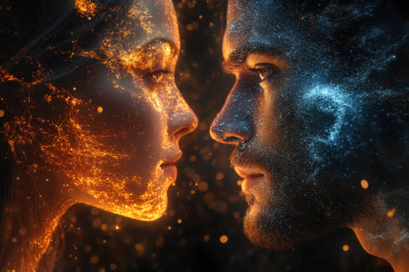 Two faces focus closely together, featuring intricate glowing patterns in fiery orange and cool blue tones.の写真素材