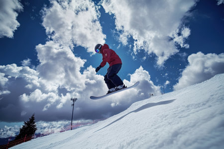 A snowboarder launches into the air, showcasing skill while surrounded by a bright blue sky and clouds.の写真素材