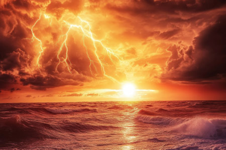 Bright lightning strikes illuminate dark clouds above crashing waves during a stunning sunset.の写真素材