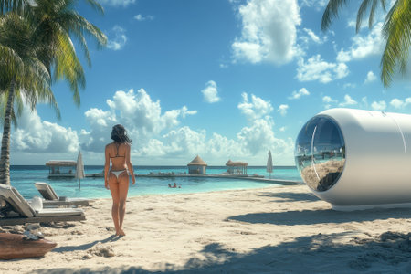 A woman walks along a sandy beach, enjoying the view of the clear water and modern pod under palm trees.の写真素材