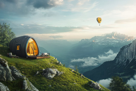 A unique cabin on a grassy hillside offers stunning mountain views and a distant floating hot air balloon.の写真素材