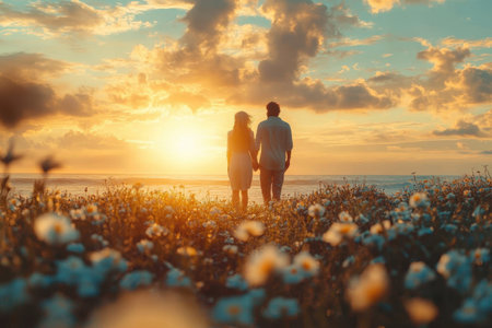 Two people stroll hand in hand along the shore, basking in the warm glow of the setting sun and blooming flowers.の写真素材