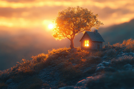 Golden sunlight bathes a small house and a single tree atop a hill during a tranquil sunset.の写真素材