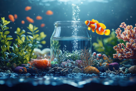 A lively clownfish explores a richly decorated aquarium featuring coral and aquatic plants.の写真素材