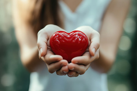 A person displays a bright red heart in their hands, symbolizing love and care in a natural setting.の写真素材