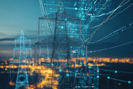 A digital visualization shows power lines against a vibrant city skyline at twilight.の写真素材