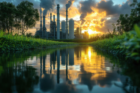 Sunset casts a golden glow on a refinery, mirrored in the waterway surrounded by lush greenery.の写真素材