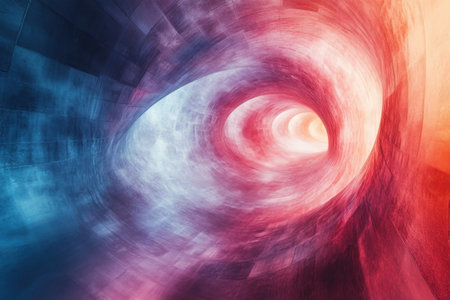 Vibrant hues of blue, red, and purple swirl together to form a mesmerizing tunnel effect.の写真素材