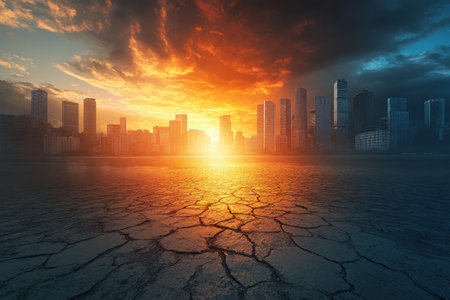 The sun sets behind a city skyline, illuminating cracked ground and casting dramatic shadows.の写真素材