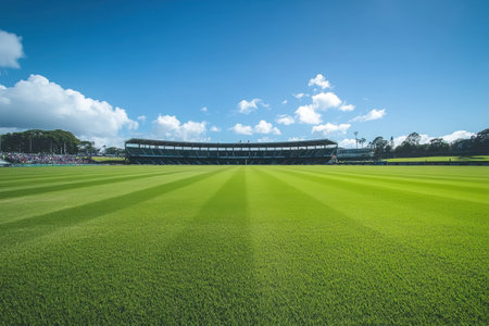 A pristine grass field is highlighted under a clear blue sky at a sports stadium on a sunny day.の写真素材