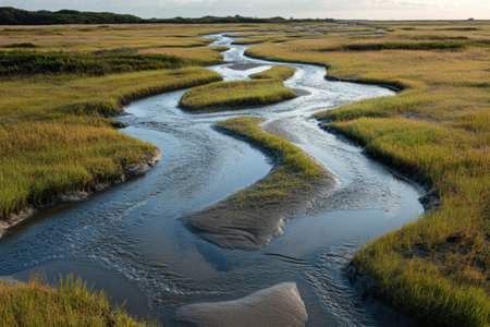 A winding stream cuts through vibrant marshland, reflecting the warm colors of the setting sun and surrounded by grass.の写真素材
