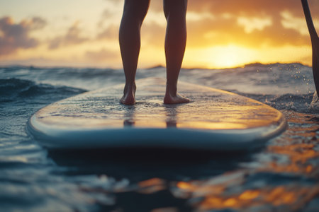 A person balances barefoot on a paddleboard as the sun sets over the ocean waves, creating a tranquil atmosphere.の写真素材