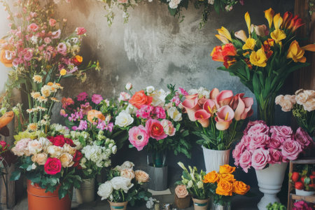 Beautiful display of various flowers in pots, showing vibrant colors and arrangements in a flower shop.の写真素材