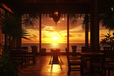 Guests relax inside a tropical restaurant as a vibrant sunset casts golden rays over the ocean.の写真素材