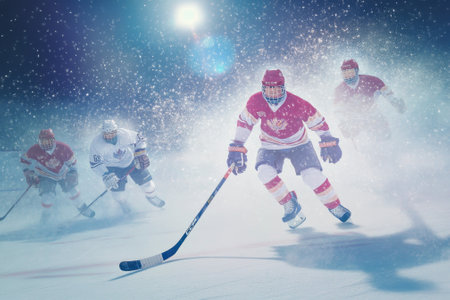 Players skate fiercely across an icy rink while snow swirls around them, showing their competitive spirit.の写真素材