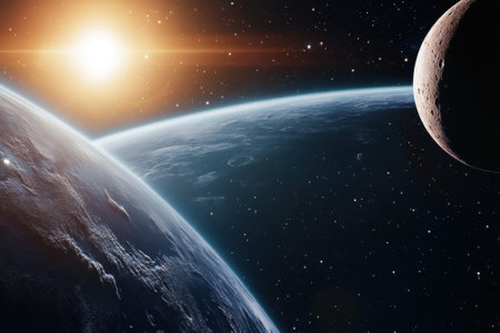 Stunning view of Earth and a nearby celestial body illuminated by the sun in the vastness of space.の写真素材