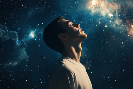 A thoughtful young man stands with his head tilted back, lost in contemplation as he gazes into the starry cosmos.の写真素材