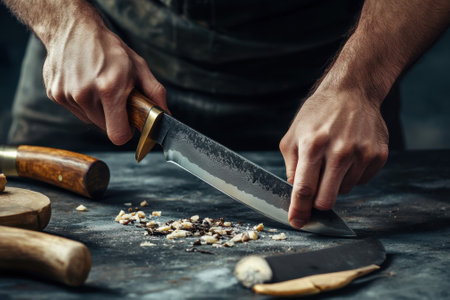 A person cuts fresh ingredients on a rustic surface with a professional kitchen knife, showingcasing culinary skill.の写真素材