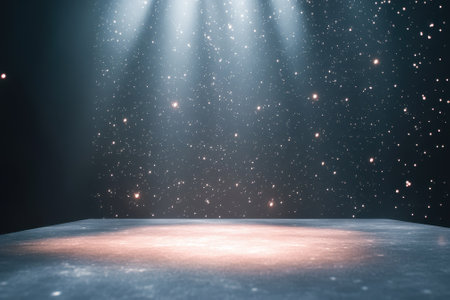 Soft beams of light shine down on an empty stage, creating a magical atmosphere with a starry backdrop.の写真素材