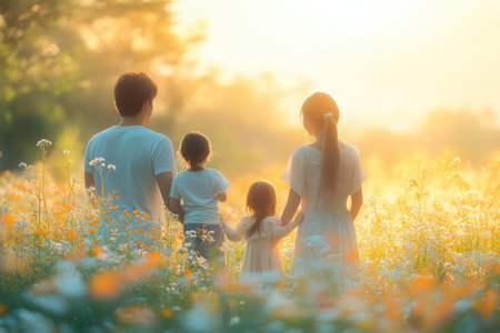 A family of four walks hand in hand, surrounded by blooming flowers during a golden sunset.の写真素材