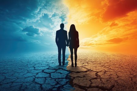 A couple stands together on a desolate ground, surrounded by striking blue and orange skies, symbolizing balance.の写真素材