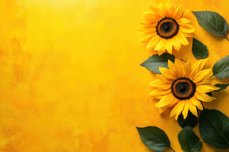 Two vibrant sunflowers with leaves are arranged on a bright yellow background, creating a cheerful atmosphere.の写真素材
