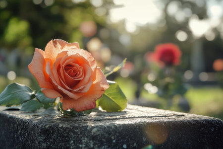 A vibrant rose lies on a stone surface, surrounded by softly blurred flowers in a garden setting during sunset.の写真素材