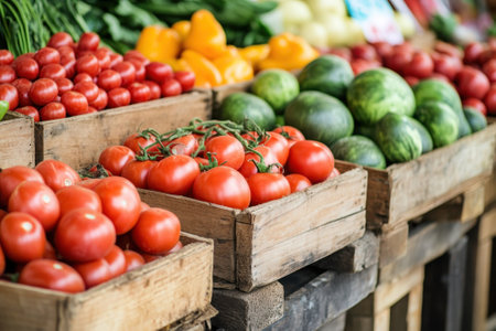 Vibrant red tomatoes, green watermelons, and colorful bell peppers fill wooden crates at a market.の写真素材