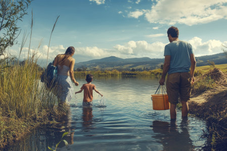A family explores a tranquil river, with a child playing in the water while the parents engage nearby.の写真素材