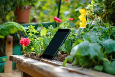 A mobile phone stands upright among lush green plants and colorful flowers in a garden setting.の写真素材