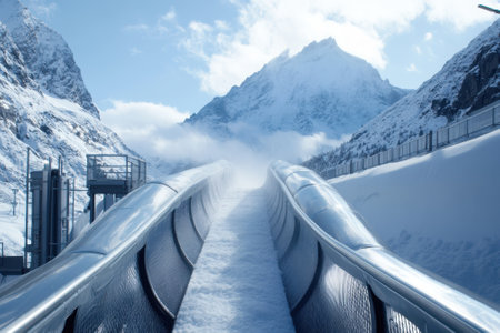 Visitors glide down a snowy slide surrounded by majestic mountains under a bright, clear sky.の写真素材