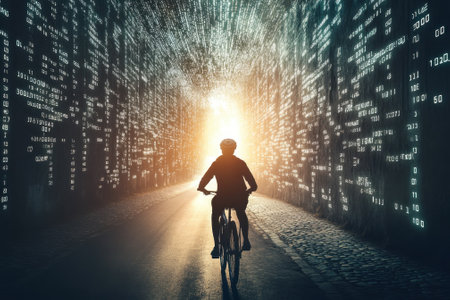 A cyclist rides through a tunnel illuminated by bright lights and flowing binary code on both sides.の写真素材
