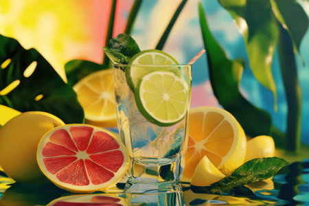 A glass filled with a citrus beverage sits surrounded by lemons and grapefruits, evoking a tropical vibe.の写真素材