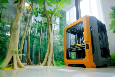 A bright workspace features a 3D printer amidst lush greenery, blending technology and nature effectively.の写真素材