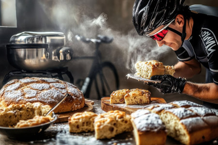 Cyclist in a black outfit tastes warm, baked bread while surrounded by kitchen utensils and a bicycle.の写真素材