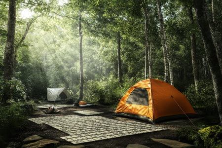 Two tents are set up in a lush forest, with sunlight streaming through trees, creating a peaceful camping atmosphere.の写真素材
