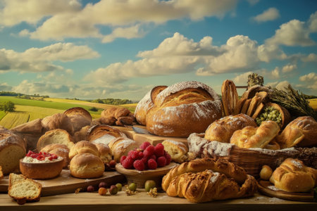 An assortment of bread and pastries is beautifully arranged on a wooden table under a bright sky.の写真素材