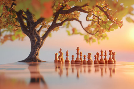 A set of chess pieces is neatly displayed beneath a large tree while the sun sets, casting warm light on the scene.の写真素材