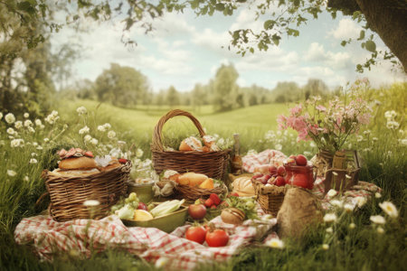 Friends gather for a delightful outdoor picnic, enjoying fresh fruits and pastries surrounded by nature.の写真素材