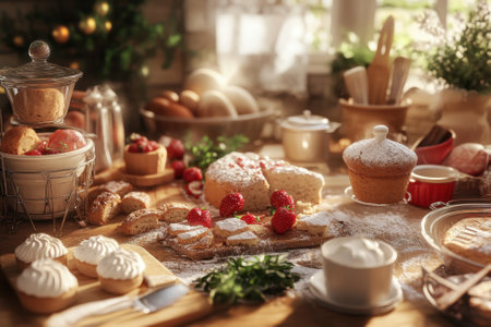 A cozy kitchen features a variety of baked goods, fresh strawberries, and herbs on a wooden table in warm light.の写真素材