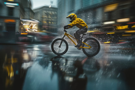 A young cyclist in a yellow rain jacket speeds through puddles on a wet street with evening lights reflecting.の写真素材