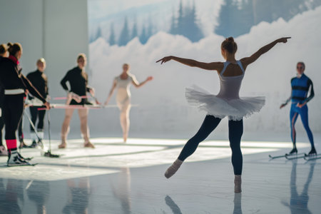 Ballet dancers rehearse in a bright studio while others observe and adjust equipment nearby.の写真素材