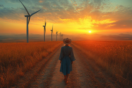 A woman wearing a hat strolls on a dirt path next to wind turbines as the sun sets in the background.の写真素材