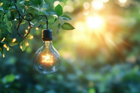 A light bulb suspended from branches illuminates the lush greenery during sunset, creating a warm atmosphere.の写真素材