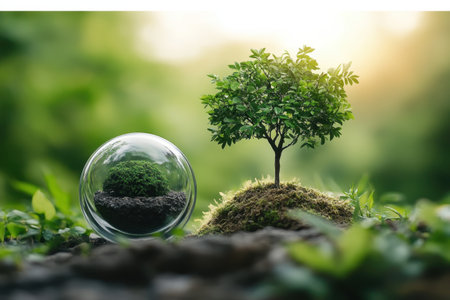 A vibrant tree stands next to a glass globe containing tiny trees, surrounded by lush greenery and sunlight.の写真素材